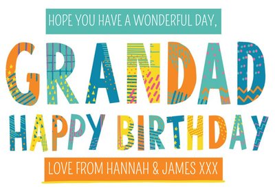 Bright Patterned Letters Grandad Happy Birthday Card