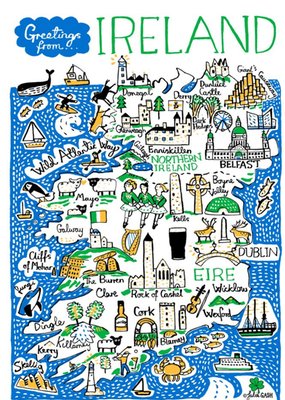 Illustrated Scenic Map Greetings From Ireland Postcard