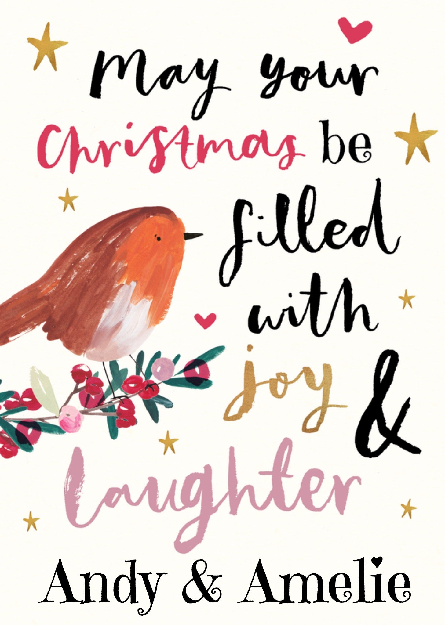 Moonpig Festive Joy And Laughter Watercolour Illustrated Robin Typography Christmas Card