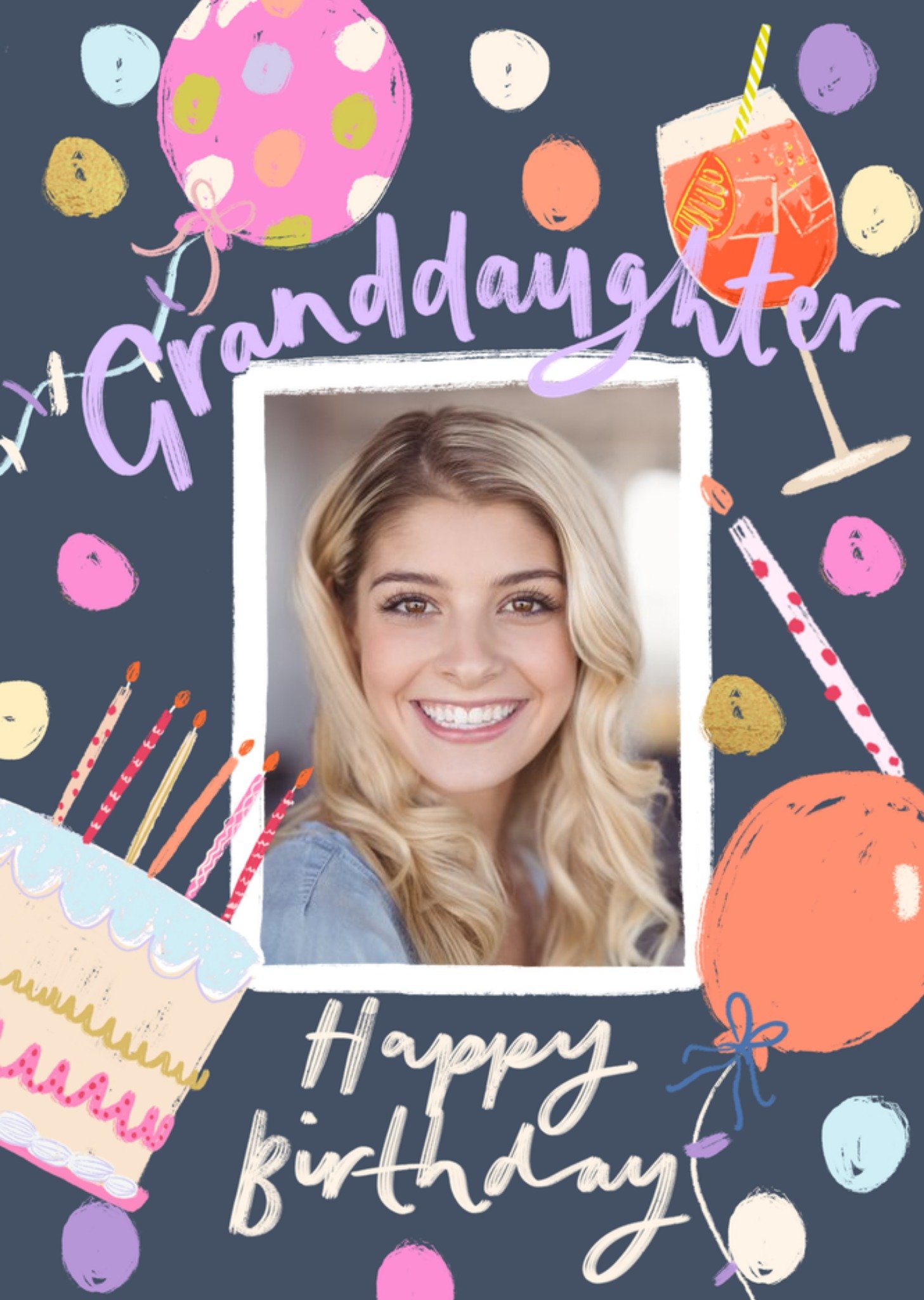 Moonpig Photo Upload Granddaughter Birthday Card With Balloons And Cake Illustration