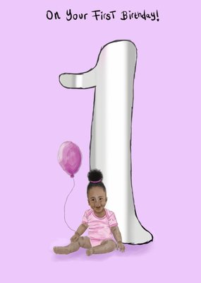 On Your First Birthday Illustrated Lady With Baby Girl With Balloon Birthday Card