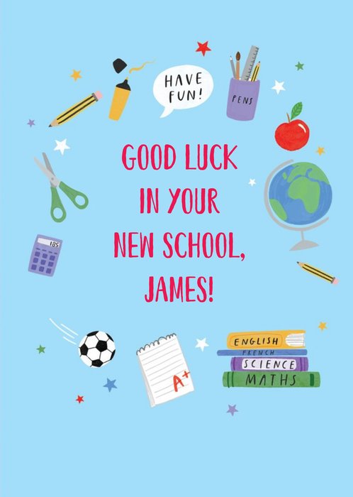 School Themed Spot Illustrations Surround Text On A Blue Background New School Card