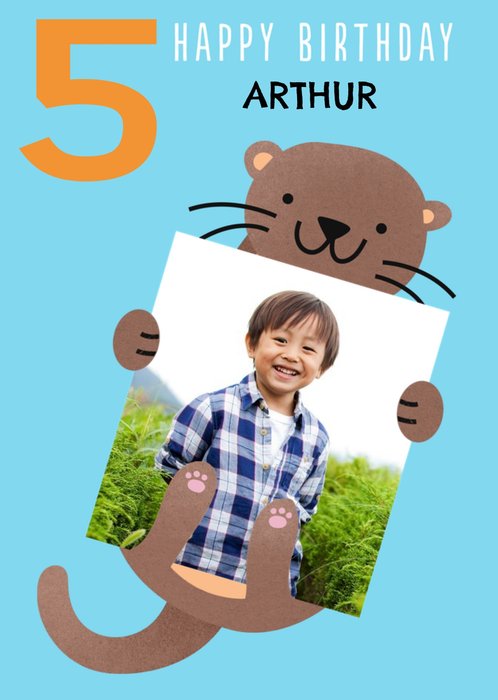 Cute Simple Illustration Of An Otter Happy 5th Birthday Photo Upload Card