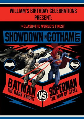 Superman And Batman Showdown In Gotham City Personalised Happy Birthday Card