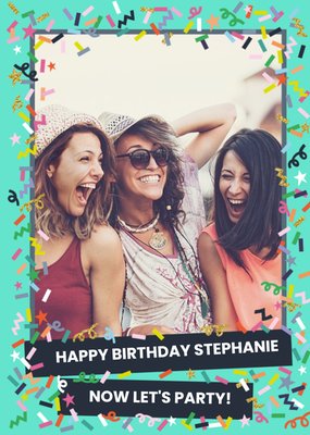 Bright Teal And Confetti Photo And Personalised Text Card