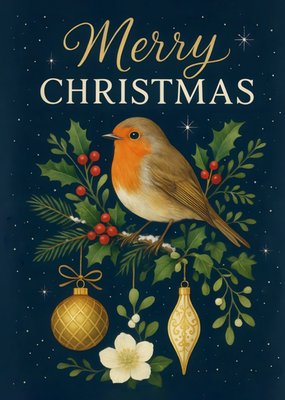 Traditional Robin With Holly, Mistletoe And Baubles Christmas Card