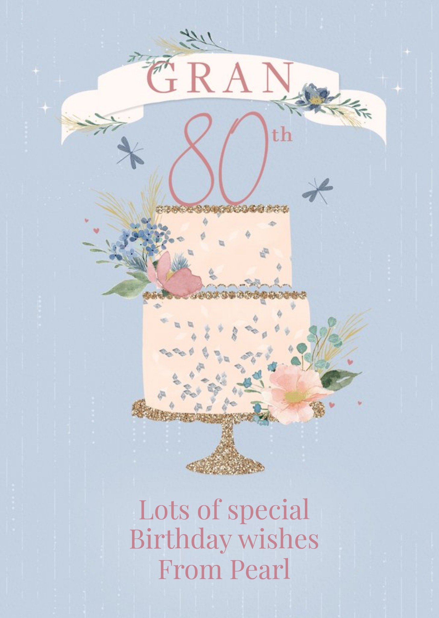 Moonpig Illustration Of A Two-Tier Cake Decorated With Flowers Gran's Eightieth Birthday Card