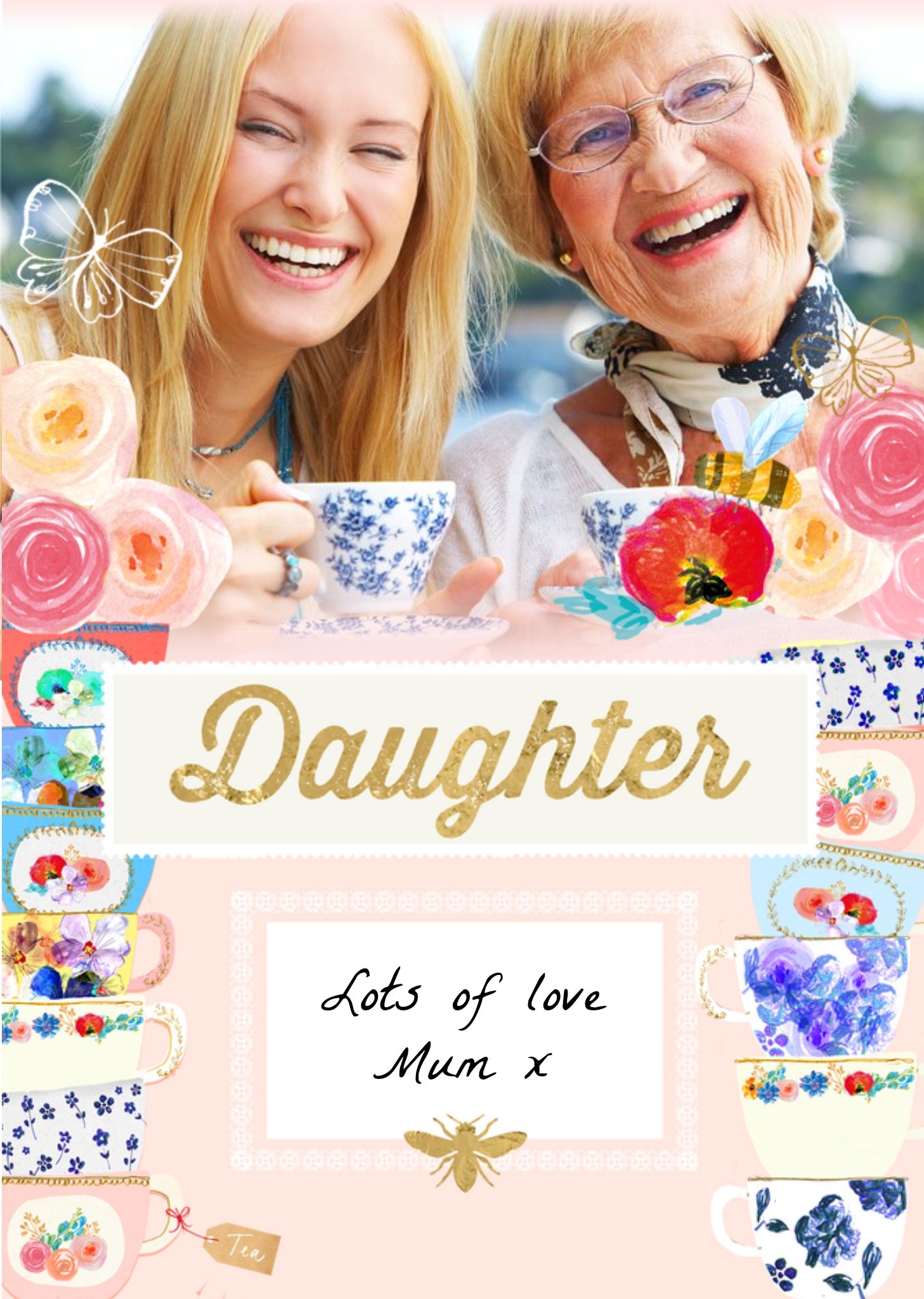 Moonpig Vintage Tea Cups Personalised Photo Upload Birthday Card For Daughter