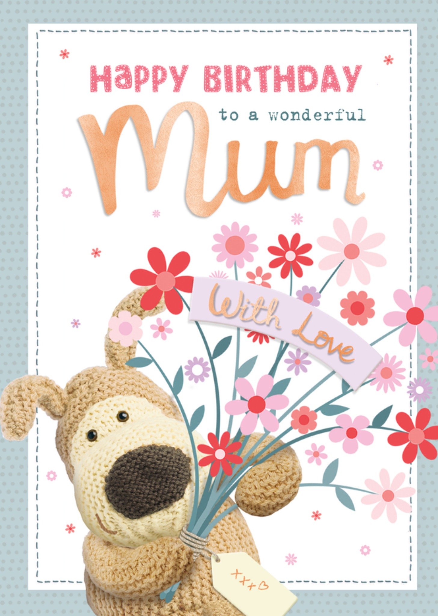 Boofle To A Wonderful Mum With Love Teddy Bear Holding Bouquet Of Flowers Birthday Card