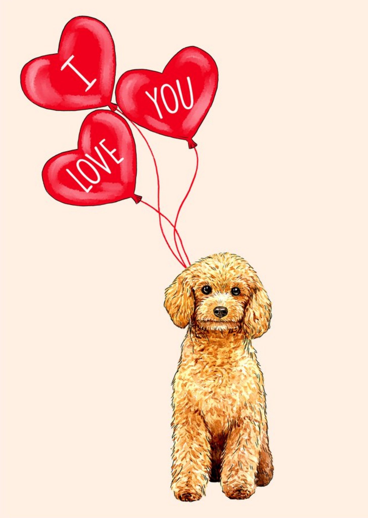 Moonpig Poppy And Mabel Illustration Of A Cockapoo And Loveheart Balloons. I Love You Card