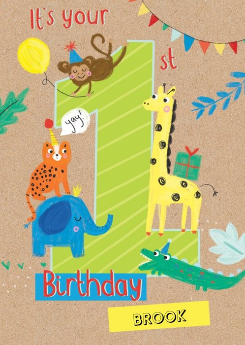 Clintons Jungle animals 1st birthday card