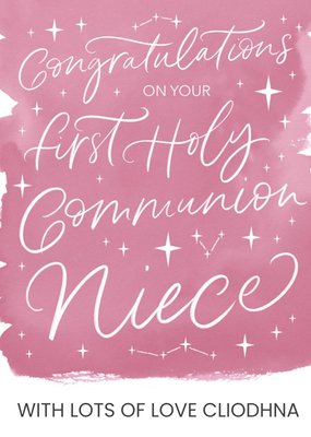 Pink Watercolour Typographic First Communion Congratulations Card