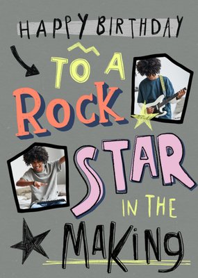 Electric Letters A Rock Star In The Making Typography Photo Upload Birthday Card