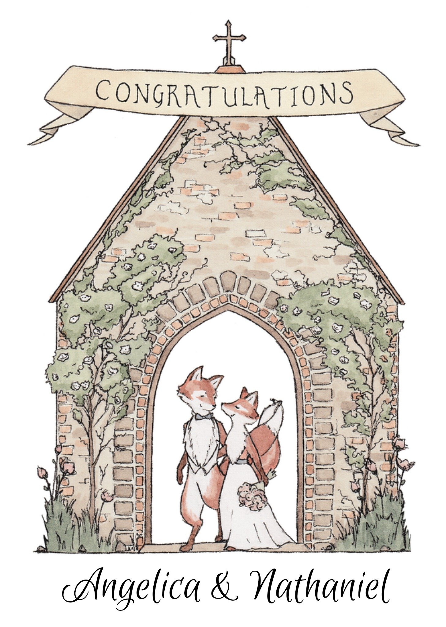 Moonpig Congratulations Illustrated Fox Couple Church Wedding Card