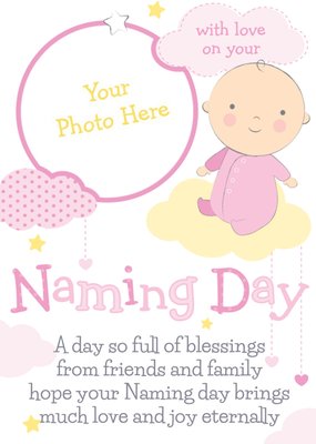 Pink And Yellow Clouds Personalised Photo Upload Naming Day Card For Girl