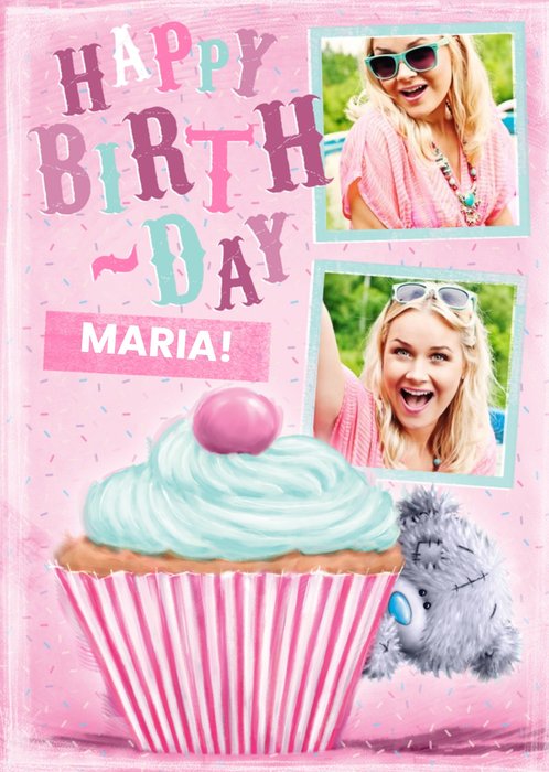 Tatty Teddy Hiding Behind Cupcake Personalised Photo Upload Happy Birthday Card