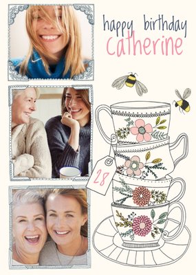 Stacked Tea Cups Multi-Photo Happy Birthday Card