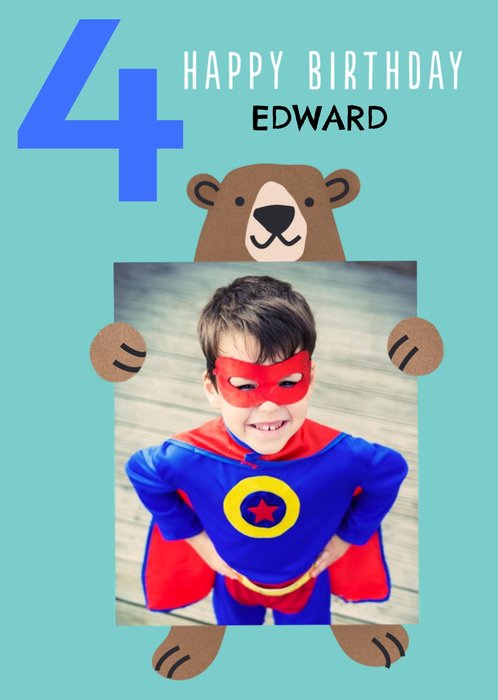 Cute Simple Illustration Of A Bear Happy 4th Birthday Photo Upload Card