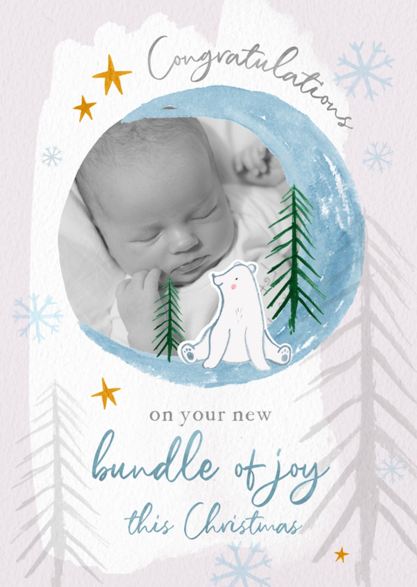 Moonpig Adorable Wintery Bundle Of Joy Illustrated Polar Bear Photo Upload Christmas New Baby Card