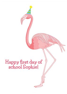 Pink Flamingo Illustration First Day Of School Personalise Name Card