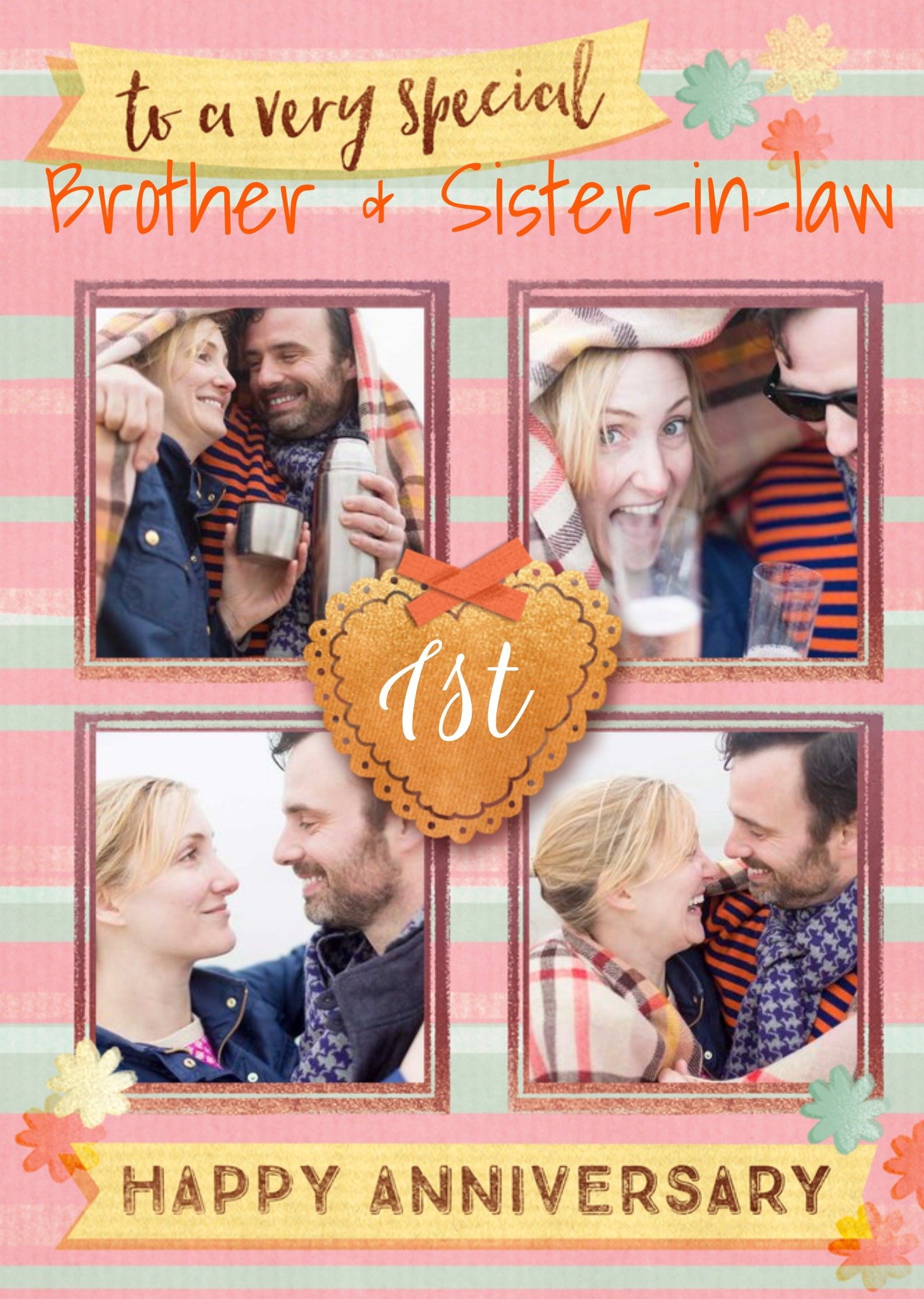 Moonpig Four Photo Frames With Banners On A Striped Background Photo Upload First Anniversary Card