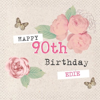 Vintage Roses And Fluttering Butterflies Happy 90th Birthday Card
