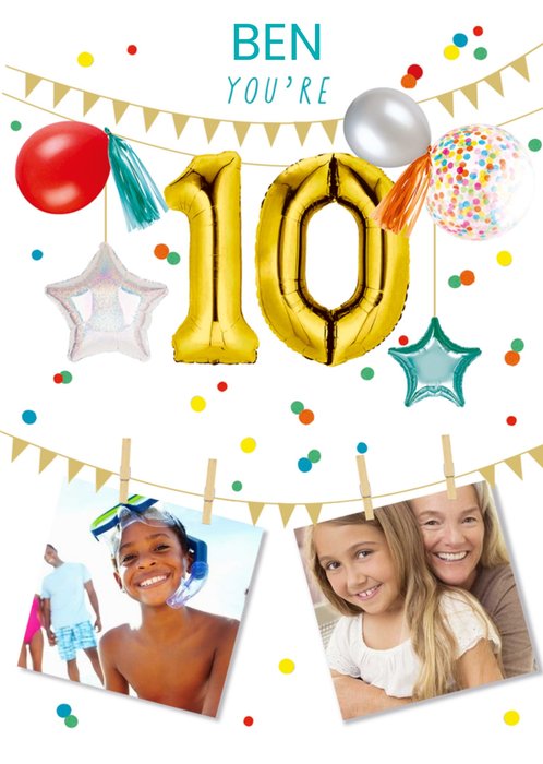 Party Themed Display Of Balloons With Two Photo Uploads Tenth Birthday Card