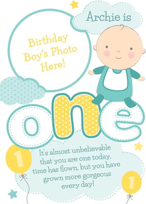 Baby In Clouds Personalised Photo Upload Happy 1st Birthday Card