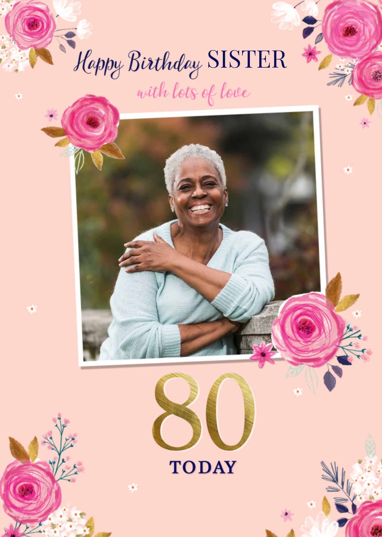 Moonpig Cute Floral Lots Of Love Sister Photo Upload 80th Birthday Card