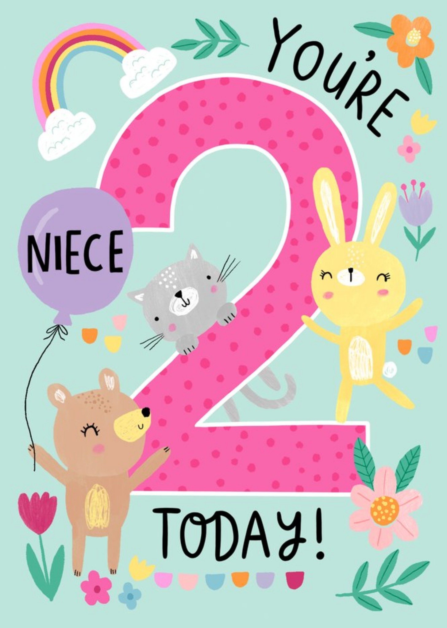 Moonpig Niece You're 2 Today Cute Quirky Ilustrated Animals Birthday Card