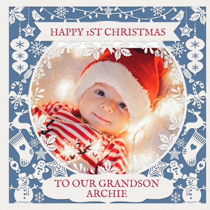 Paper Frames Photo Upload Christmas Card Happy First Christmas To Our Grandson