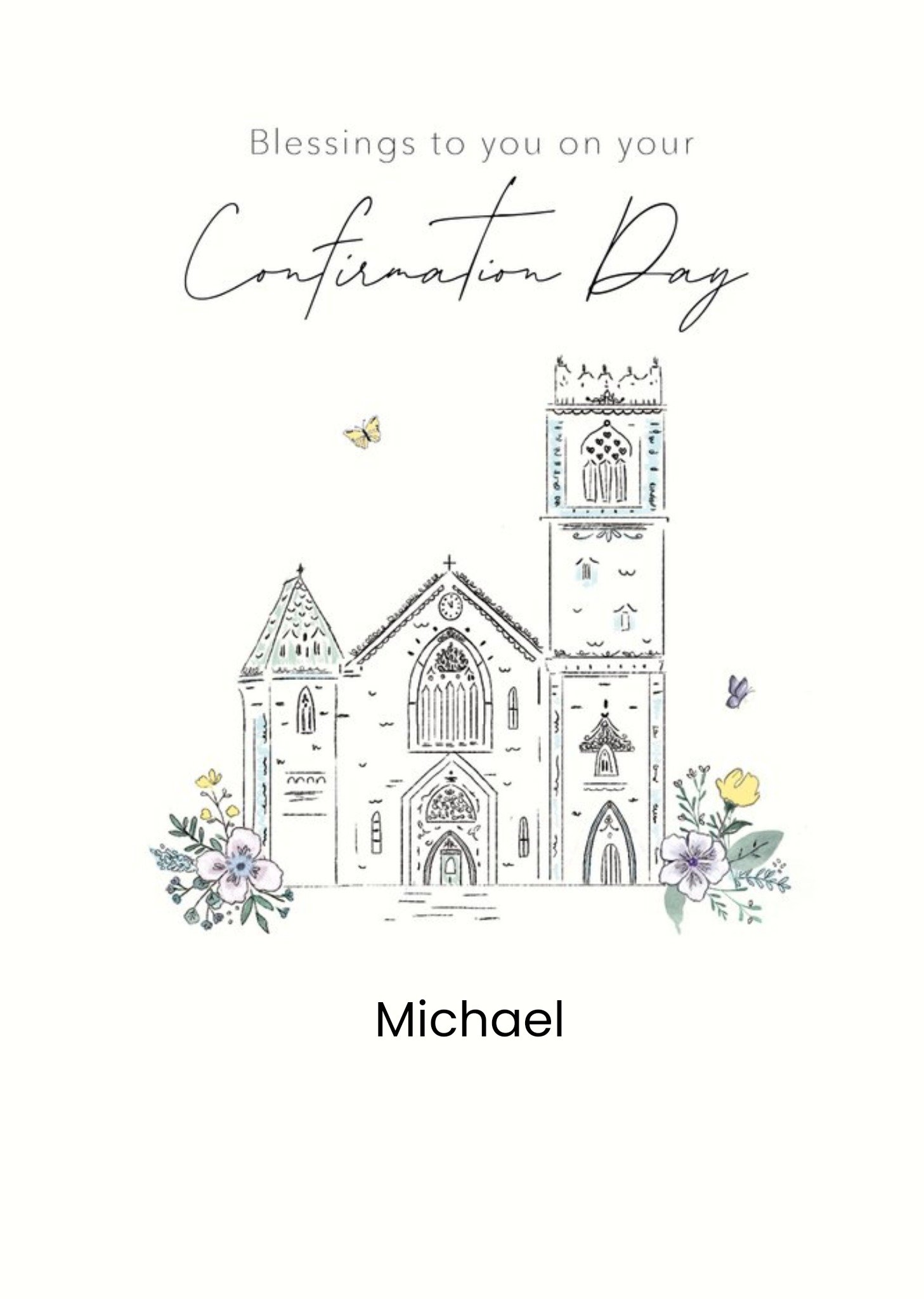 Moonpig Illustration Of A Church Surrounded By Flowers On A White Background Confirmation Card