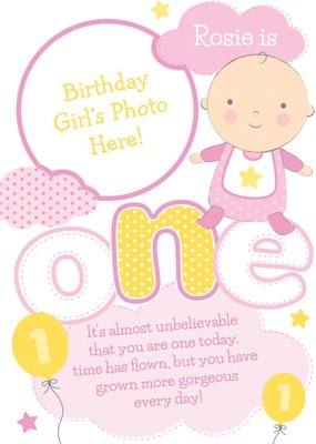 Yellow And Pink Clouds Personalised Photo Upload Baby's 1st Birthday Card