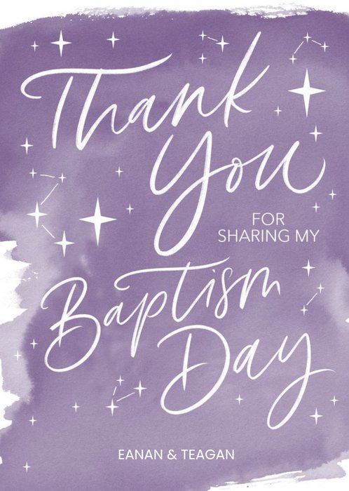 Purple Watercolour Typographic Baptism Thank You Card