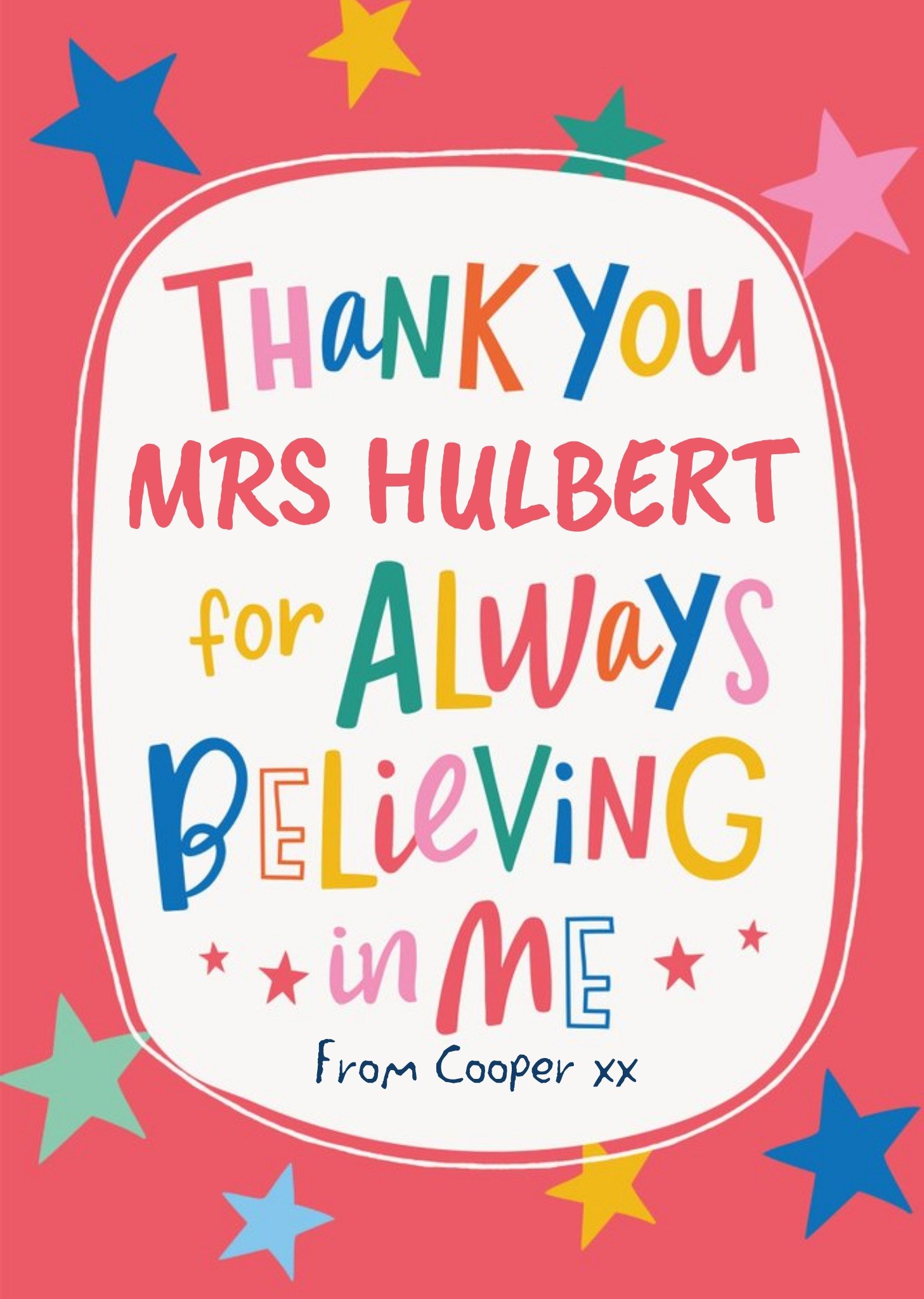 Moonpig Fun Text And Stars Personalise Name Thank You Teacher Card, Large