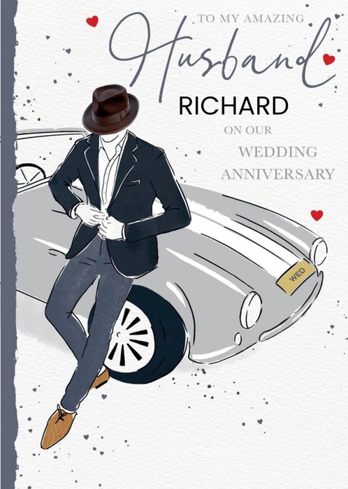 Illustration Of A Man And A Classic Car Wedding Anniversary Card