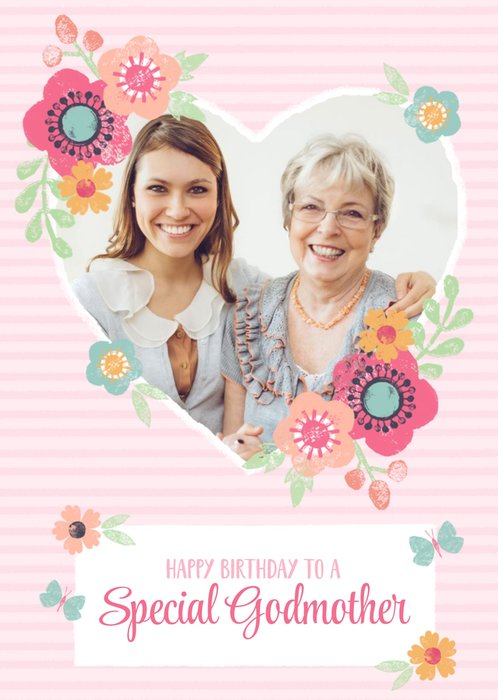 Striped And Flower Design Happy Birthday Godmother Photo Card