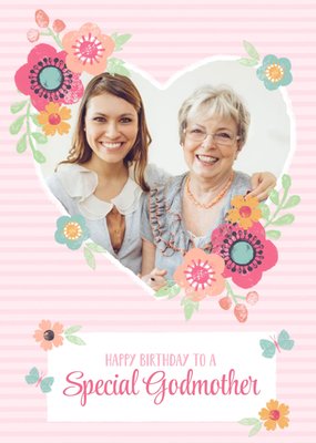 Striped And Flower Design Happy Birthday Godmother Photo Card