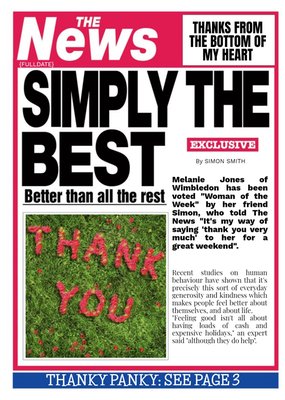 Simply The Best Newspaper Headline Personalised Thank You Card