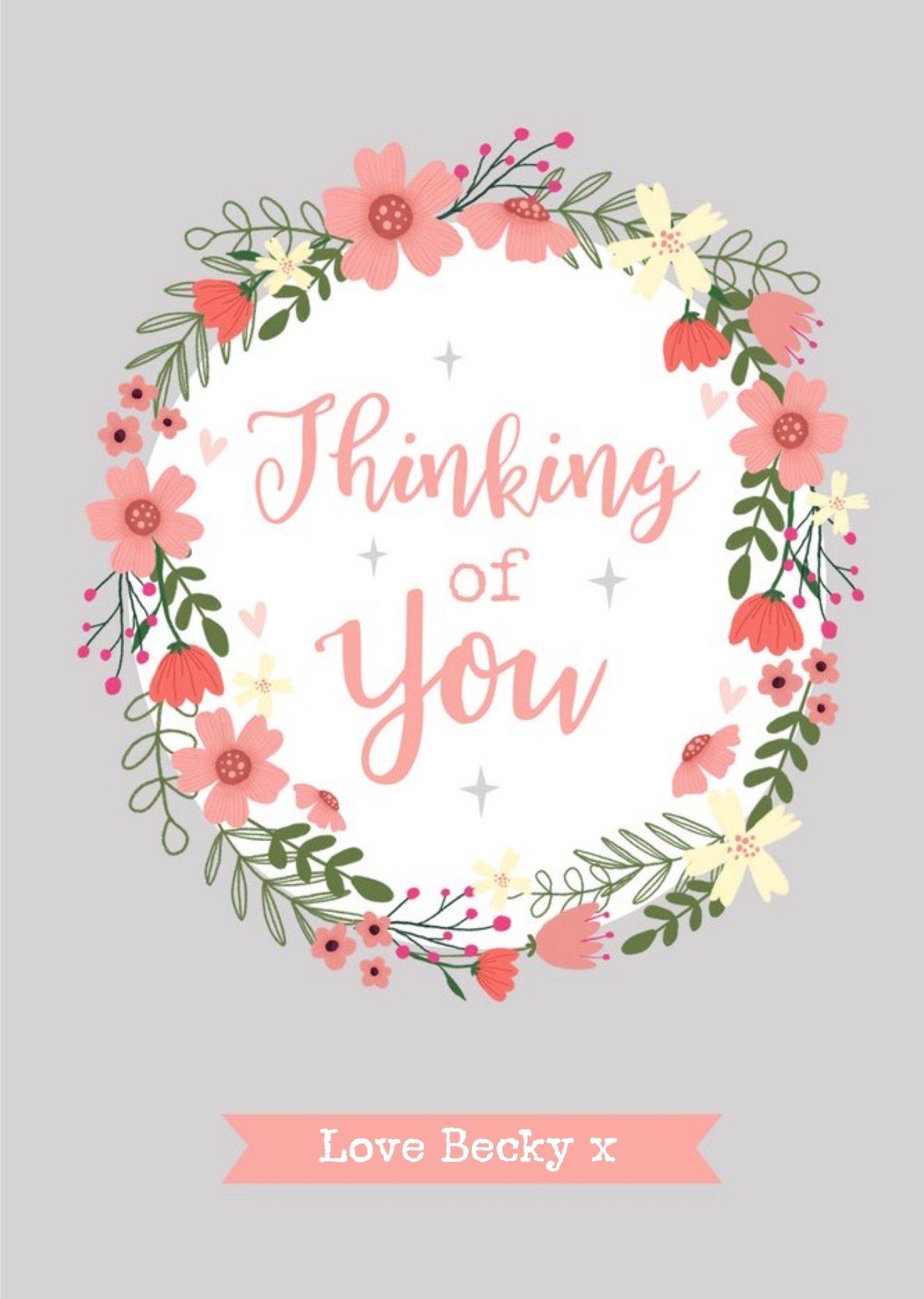 Moonpig Illustration Of A Circular Flower Border With Scriptive Typography Thinking Of You Card