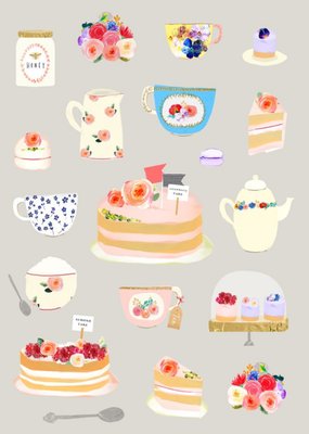 Bright Flowers, Tea, And Cakes Illustration Card