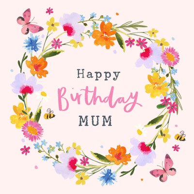 Happy Birthday Mum Illustrated Floral Wreath Card