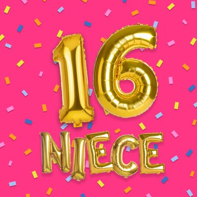 Niece Gold Balloons 16th Birthday Card