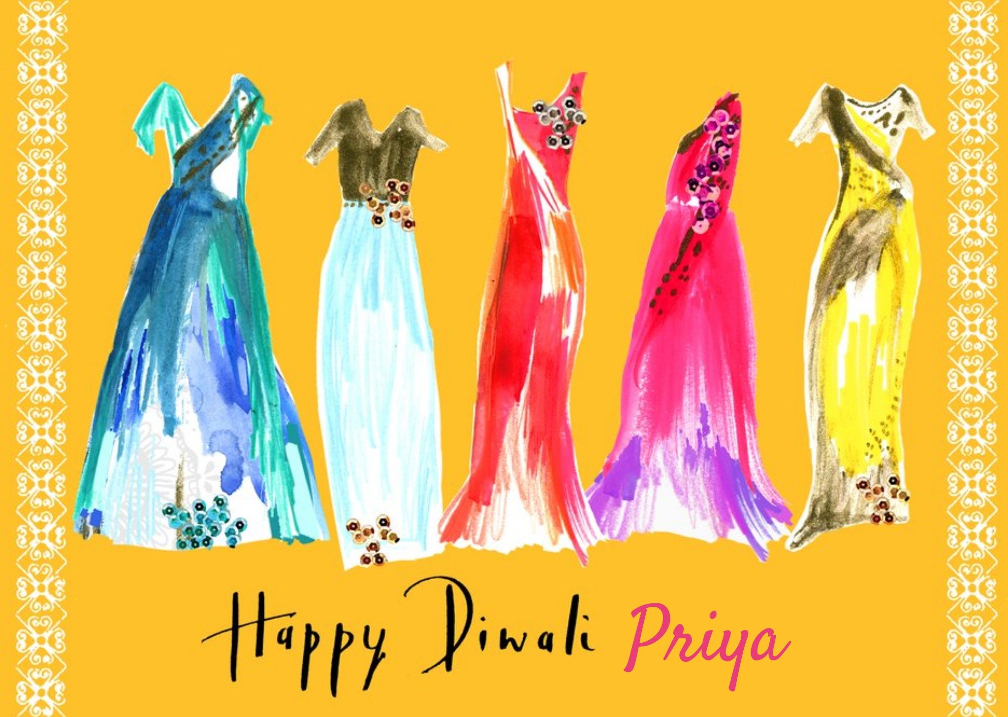 Moonpig Bright Watercolour Dresses Personalised Happy Diwali Card