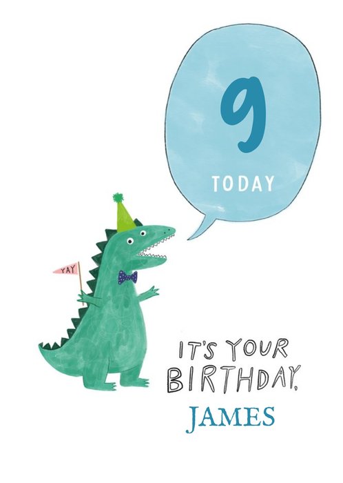 Illustration Of A Dinosaur In A Party Hat Nineth Birthday Card