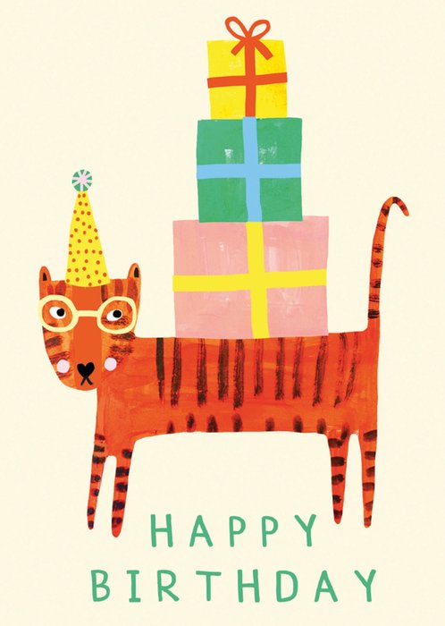 Cute Illustrated Ginger Cat And Presents Birthday Card