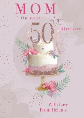 Clintons Mom Pink Glitter Cake 50th Birthday Card