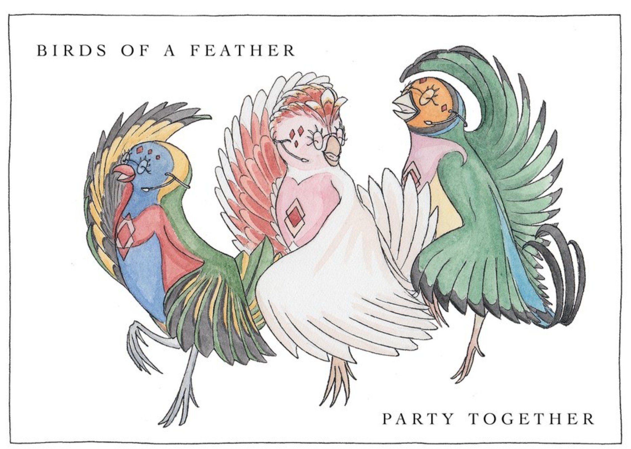 Moonpig Illustration Of Three Colourful Birds Dancing Birthday Card