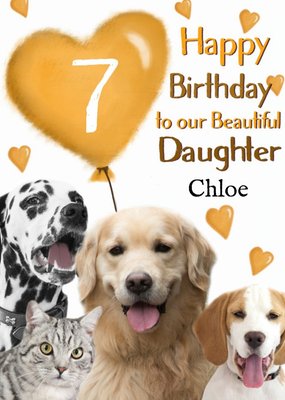 Photo Of Dogs And Cats With Birthday Balloon Daughter 7th Birthday Card