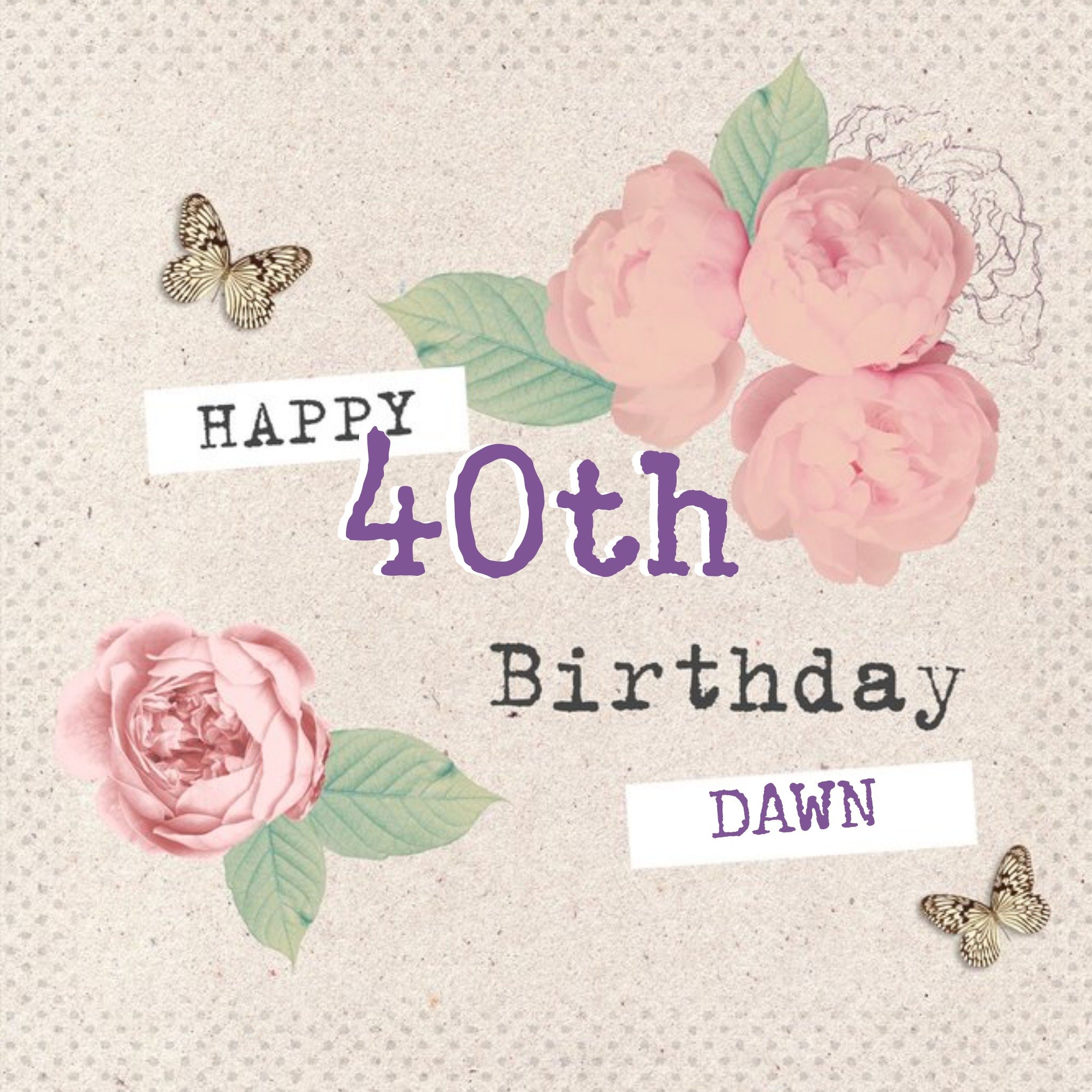 Moonpig Butterflies And Pink Roses Personalised Happy 40th Birthday Card